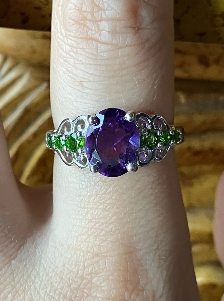 African Amethyst Chrome Diopside Sterling Silver Ring Size 8.75 Purple