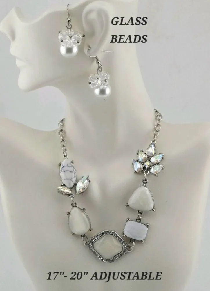 Silver & White Beaded Glass Necklace W/Earring