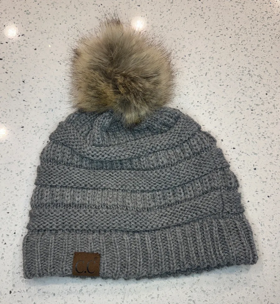 C.C Trendy Warm Chunky Soft Stretch Cable Knit Beanie Cap Hat with Pom Grey
