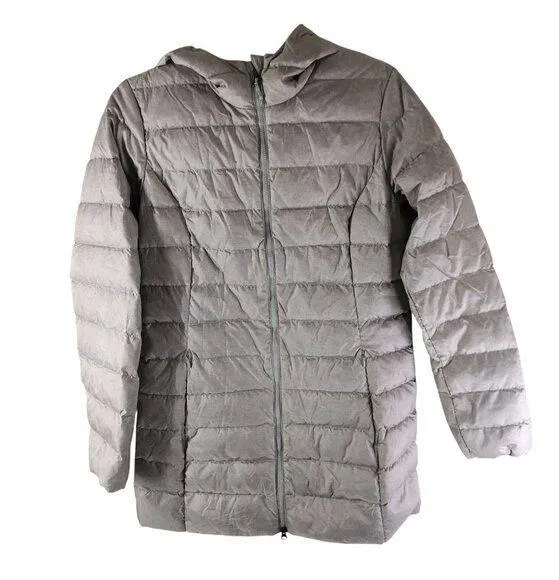 Eddie Bauer Womens Down Puffer Jacket Hooded Pockets Full Zip Gray S