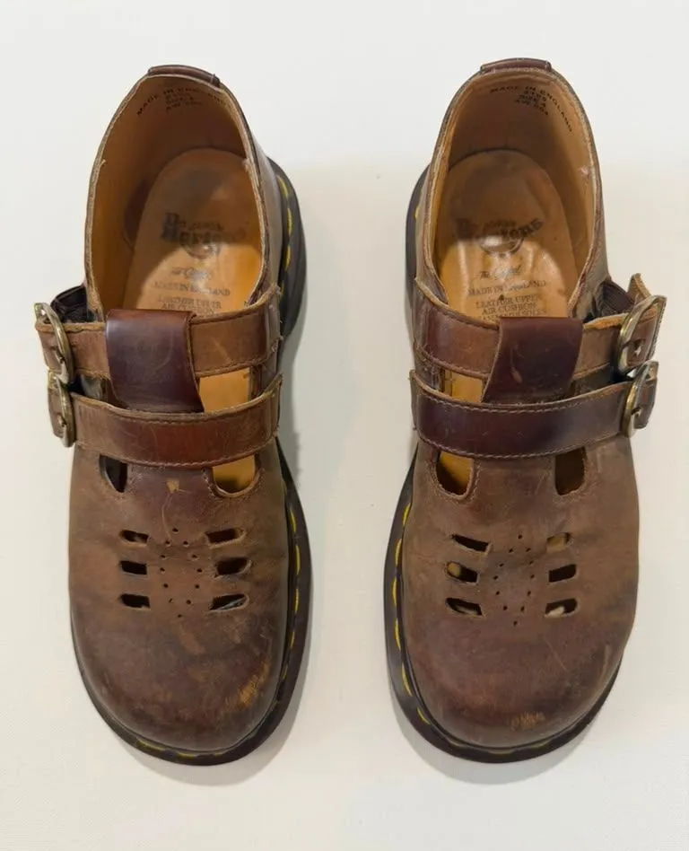 True Vintage Dr. Martens Brown Leather Double Buckle Mary Jane Shoes Made In Eng