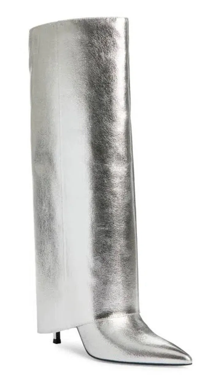 Open Edit Tall Boot in Silver Metallic Size 7.5 Stiletto Heel Pointed Toe