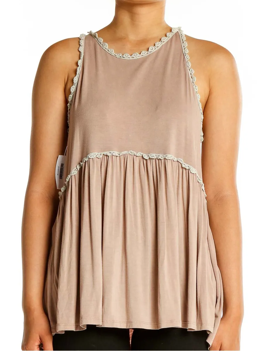 POL Sleeveless Lace-Trim Babydoll Tank Top Taupe Size Large