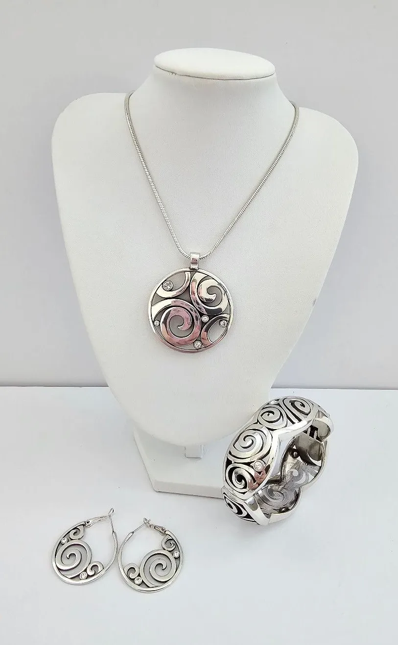 Brighton Contempo Scroll Silver Plated Necklace, Hinged Bangle & Earring Set