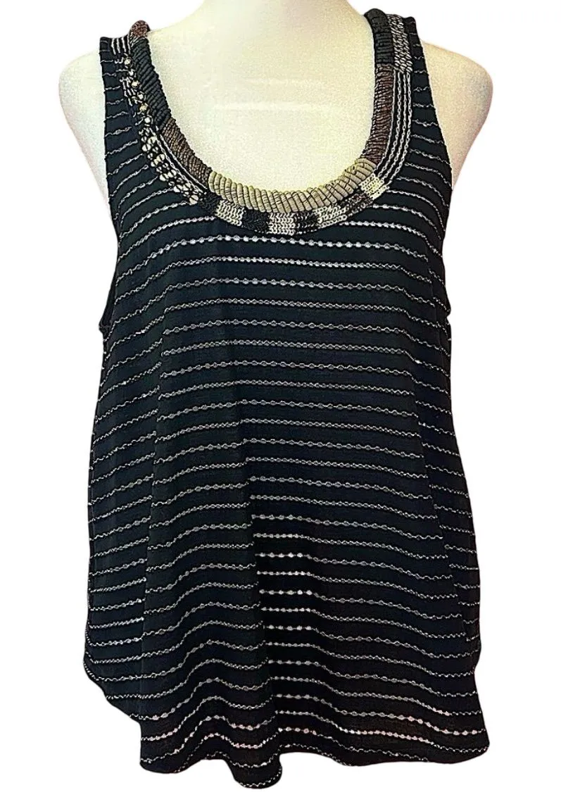 Free People Aztec Louie Beaded sequin Tank Black Striped Split Back Boho glam M