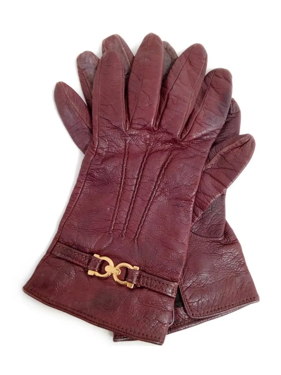 Salvatore Ferragamo Burgundy Leather Gloves Gancini Silk Lined Italy Size 7.5