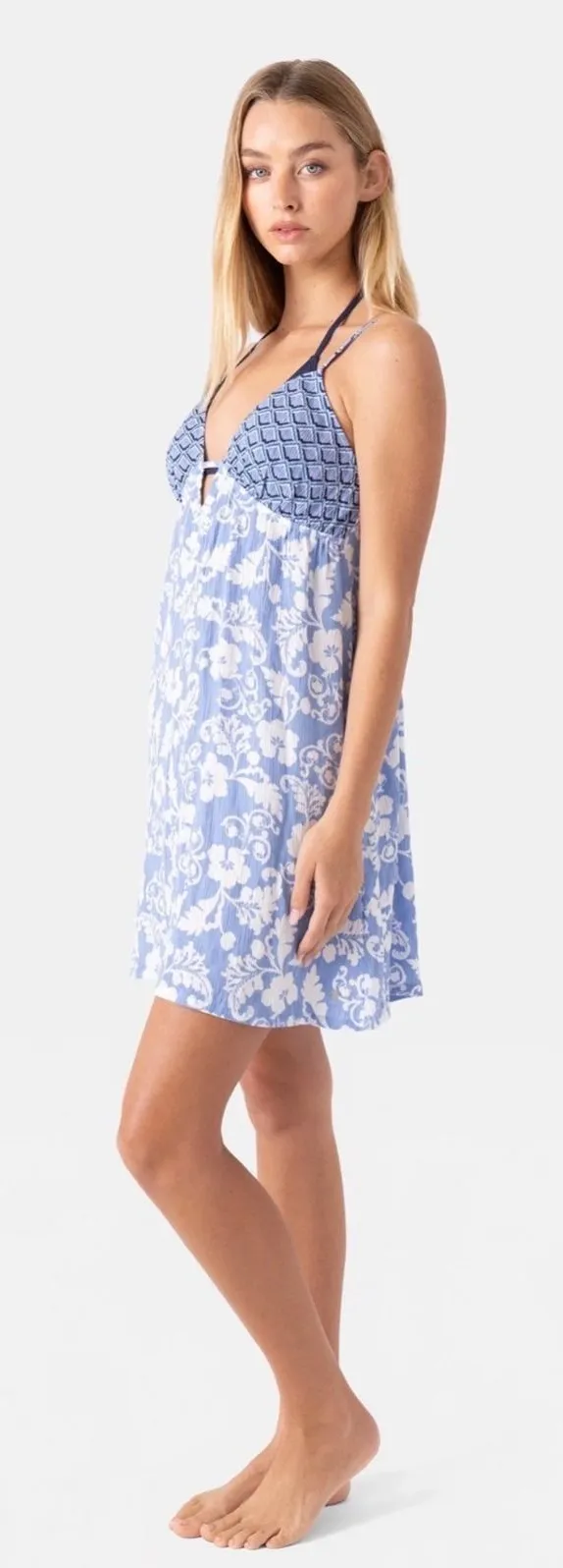NWT Roxy Golden Glow Cover Up Dress Blue Floral Tie Back Beach Medium