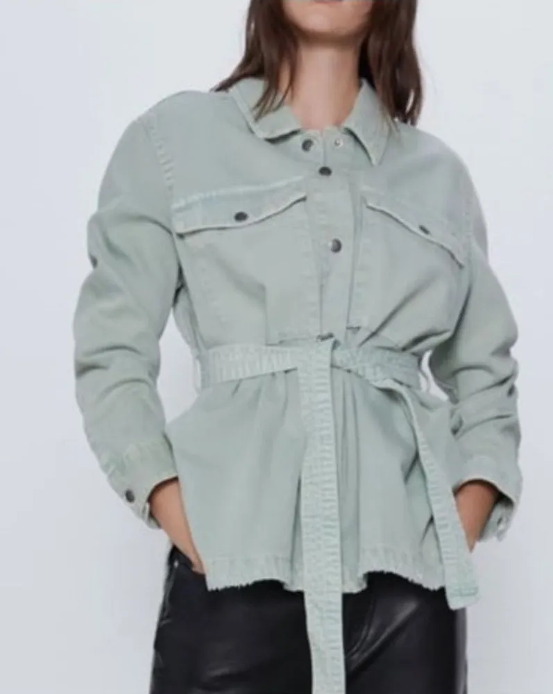 Zara denim belted cotton jean jacket sage green Sz XL