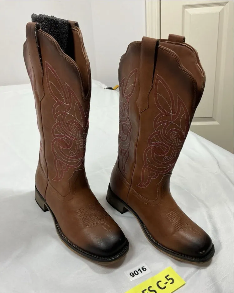 Womans Rollda Midcalf Cowgirl Boots 7.5 Brown Pullon square Toe Chunky Heel