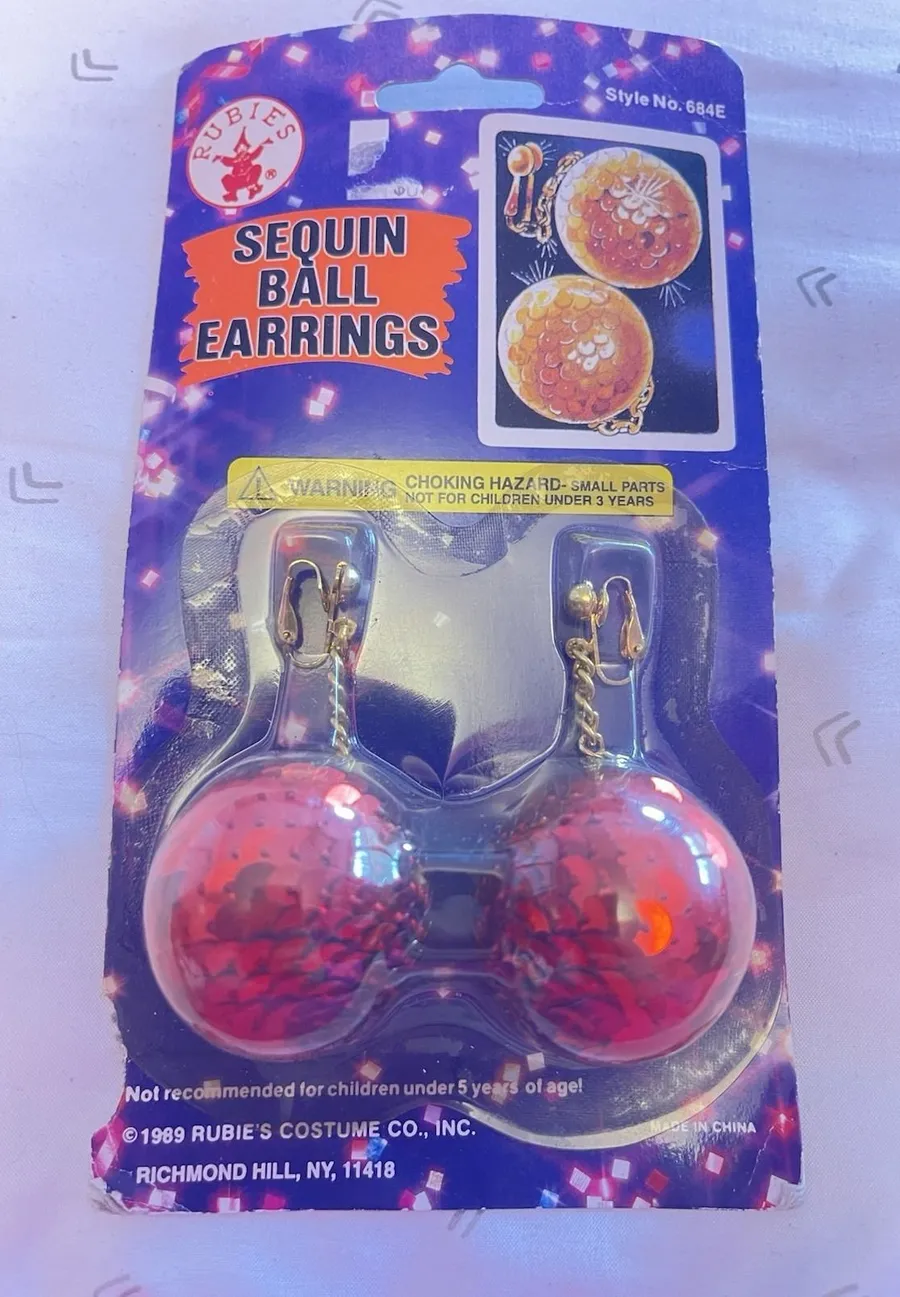 Vintage Disco Clip Earrings Red Sequin Ball Chunky Dangle 80s Handmade Fun