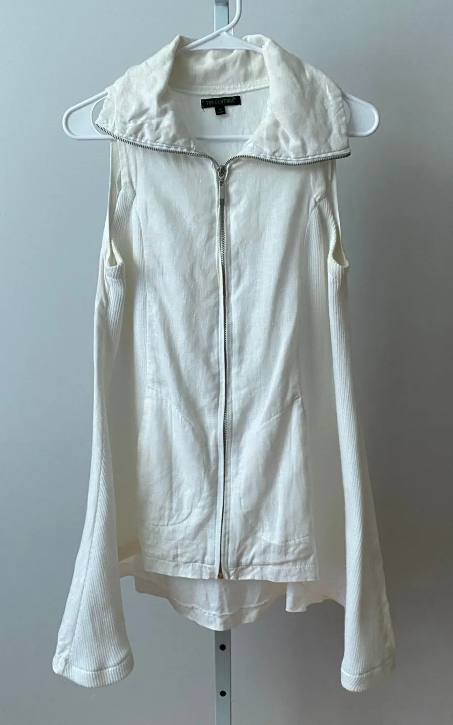 For Cynthia M White 100% Linen Sleeveless Full Zip Vest Ribbed Panel Lagenlook