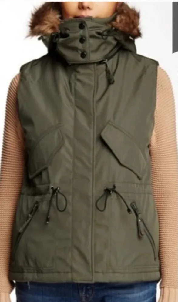 S13/NYC Trapper Vest w Detachable Faux Fur Hood Olive Green Size Small
