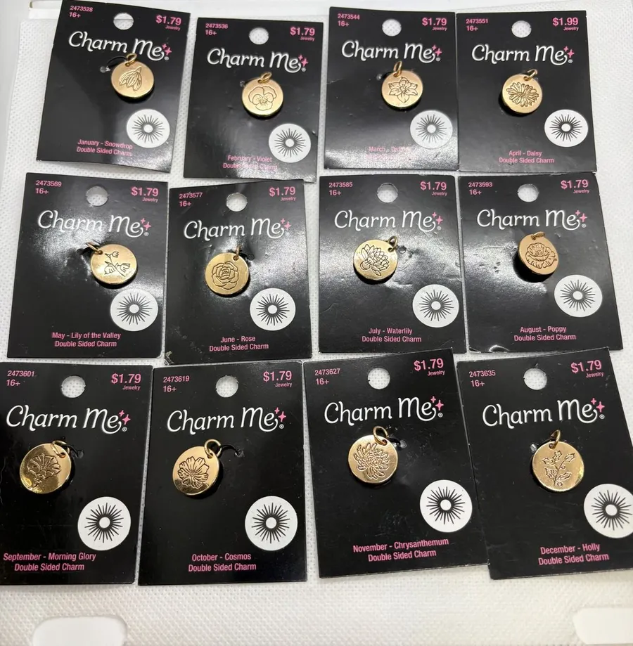 Charm Me Birth Month Flower Charms Gold Tone Double Sided Rhinestone Pendants