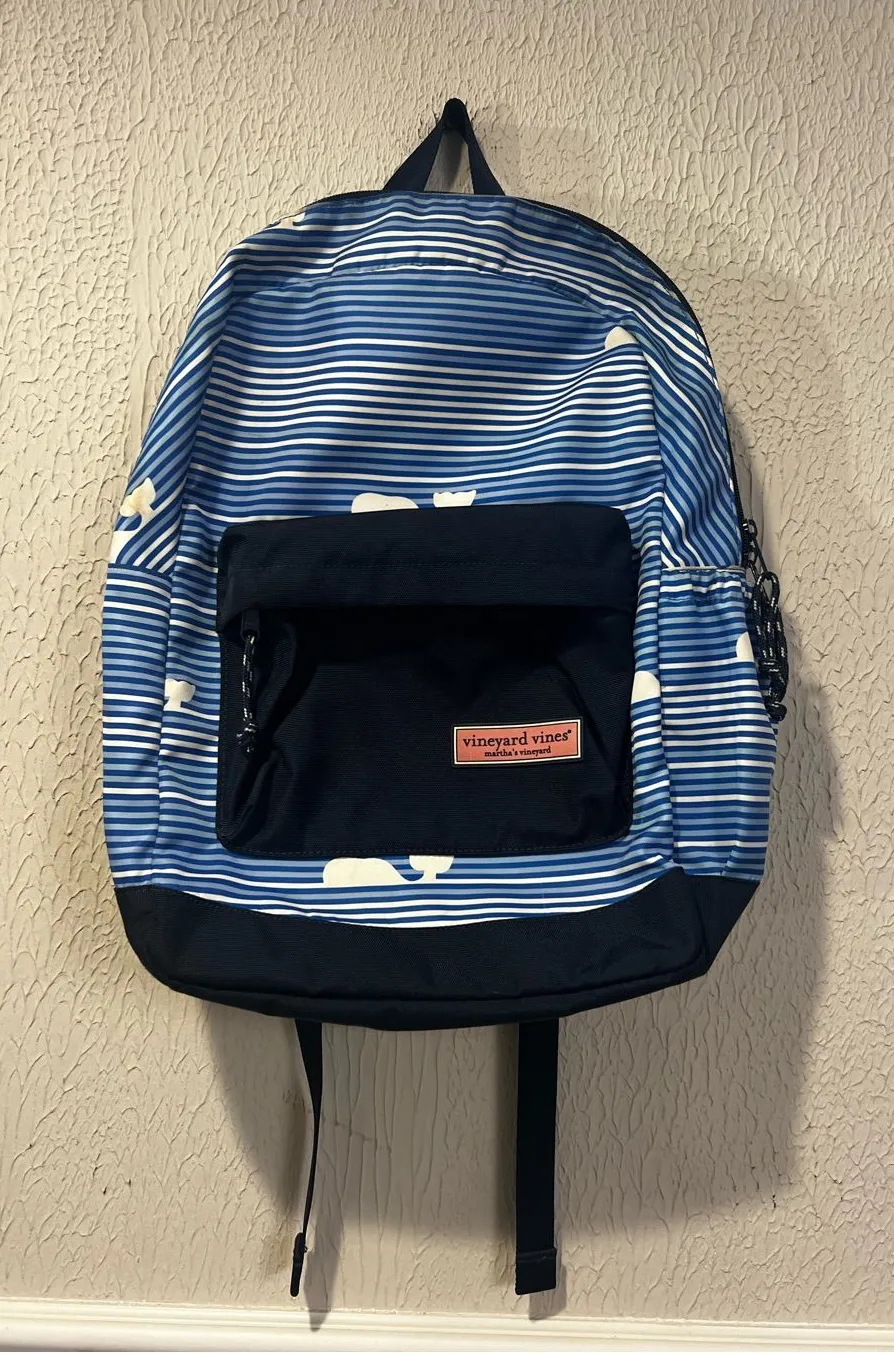 Vineyard Vines Whale Blue and White striped Backpack