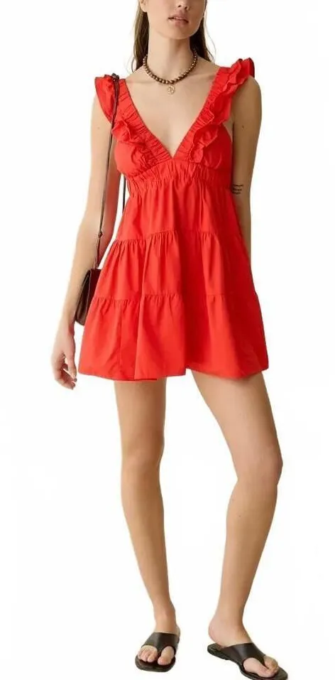 UO Kimchi Blue Main Stage Tiered Ruffle Mini Dress Urban Outfitter Red Small