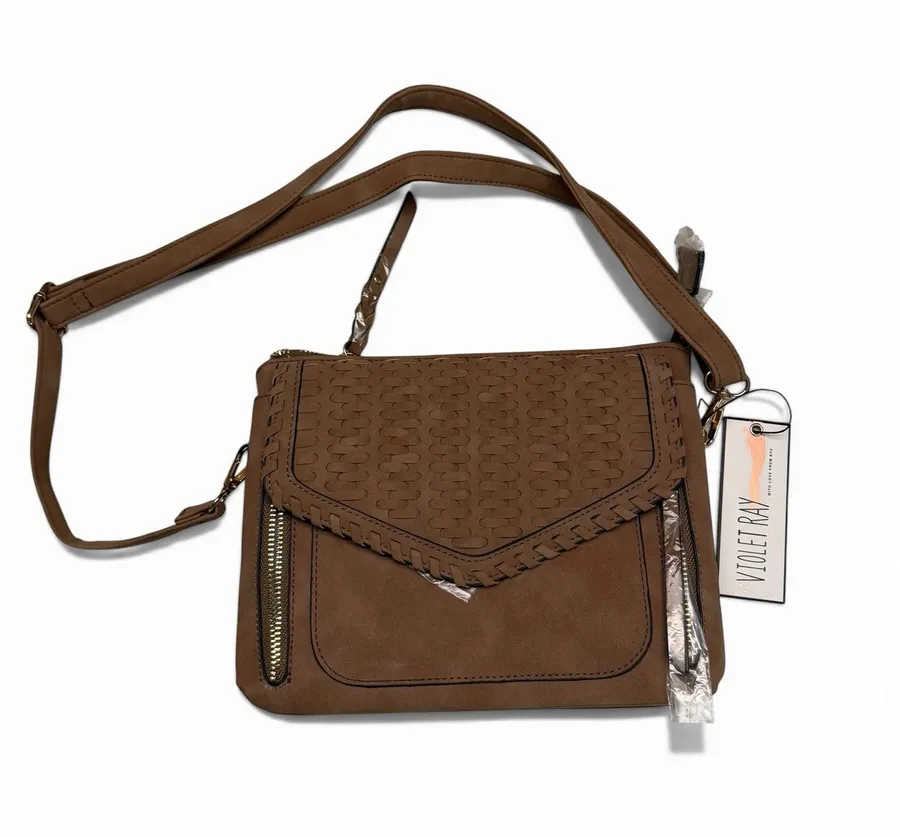 Violet Ray NYC Woven Flap Vegan Leather Crossbody Bag in Cognac