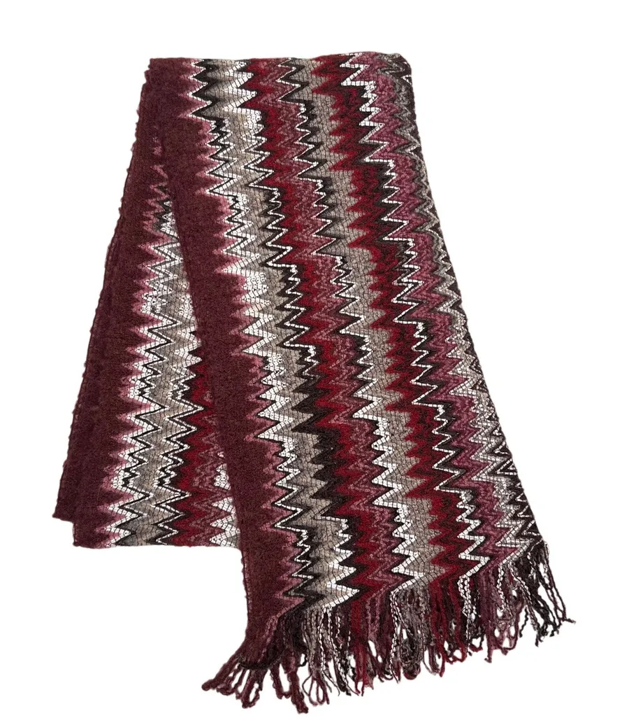 Missoni Zig Zag Purple Burgundy Wool Knit Blend Fringe Scarf