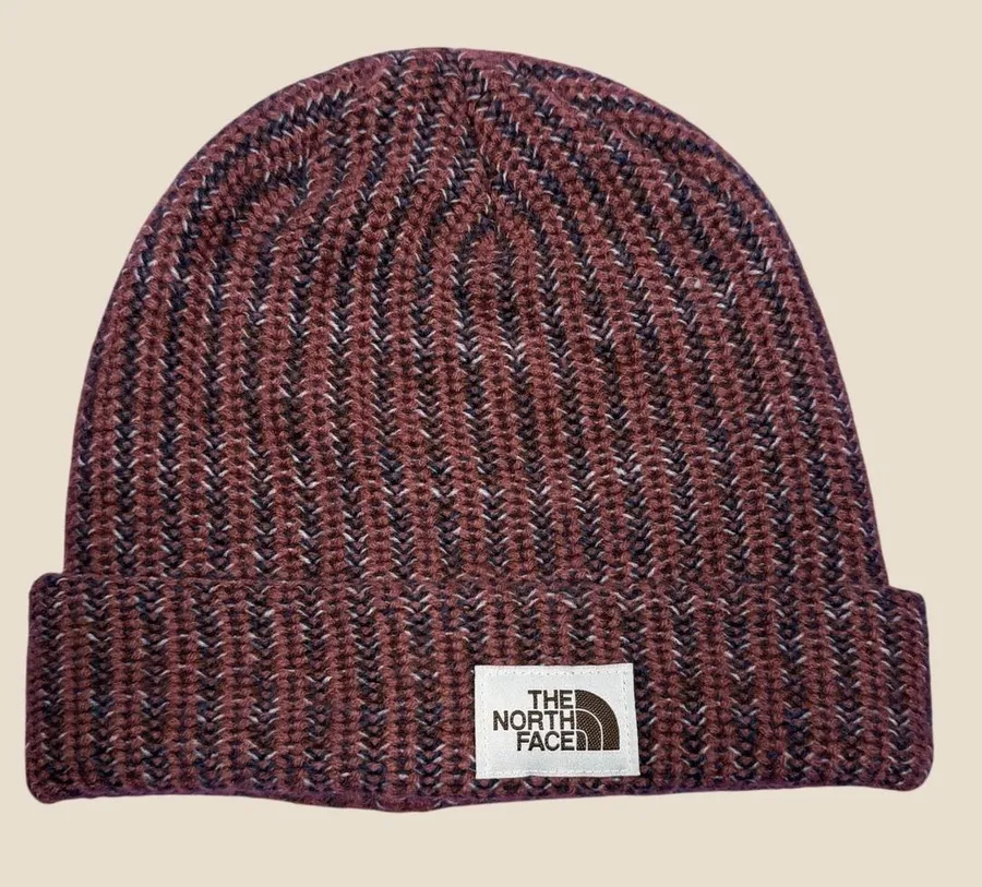 The North Face Beanie Chunky Knit Women OSFA Burgundy Fleece Lined Logo Patch
