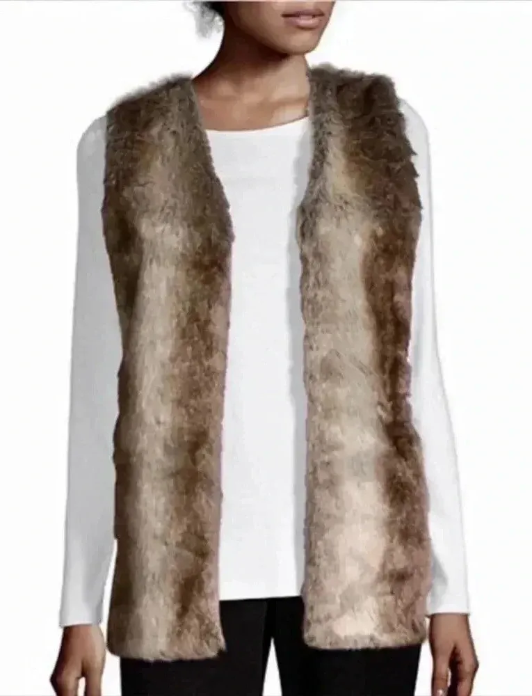 Liz Claiborne Faux Fur Front Ribbed Knit Back Open Vest Brown Tan Small