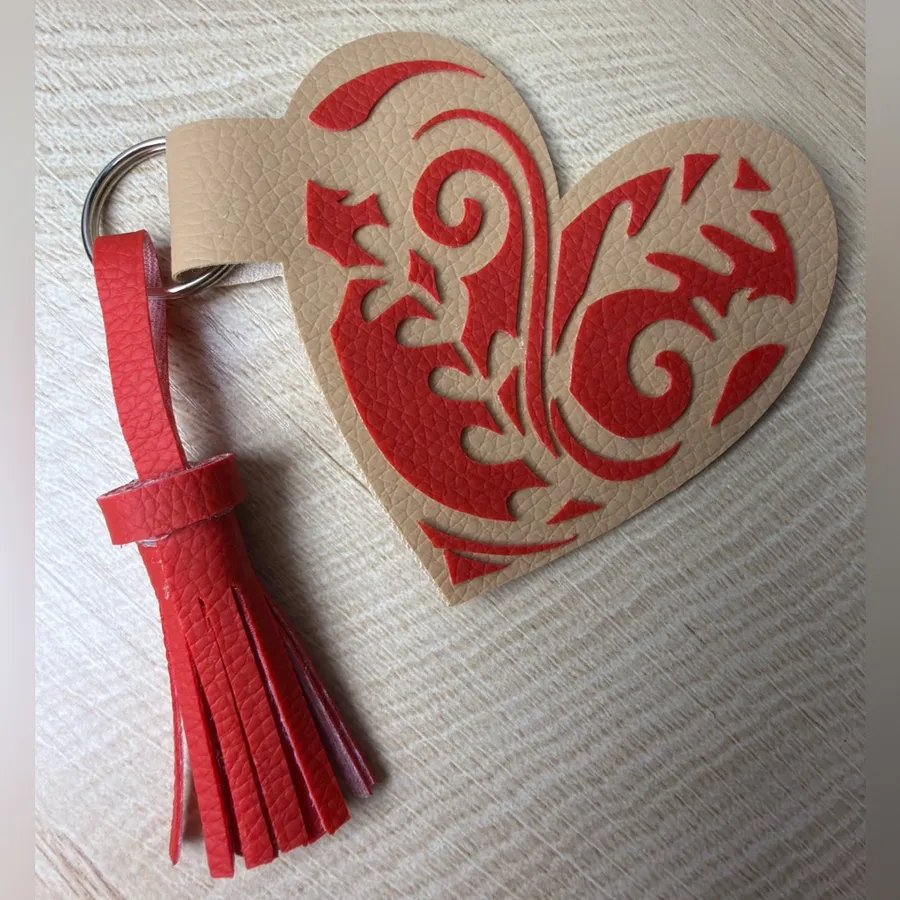 Heart-Shaped Tan and Red Faux Leather Keychain with Tassel