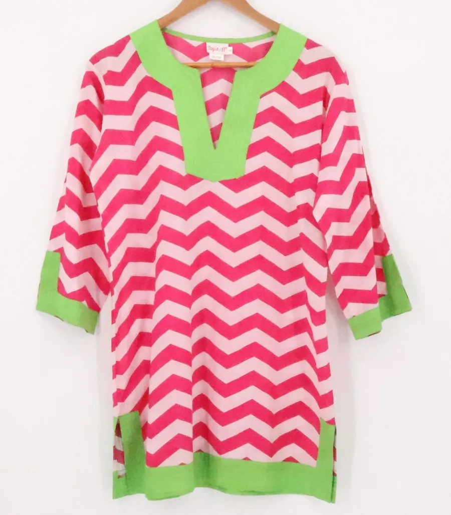 Top It Off Chevron Tunic Top Swim Cover Womens Size S Pink Green Beach Resort