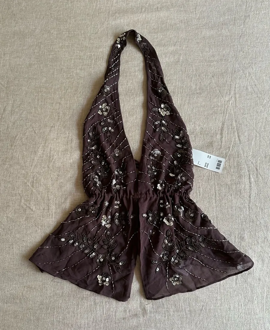 NWT Urban Outfitters Carmellia Embellished Split-Front Flyaway Halter Top Size L