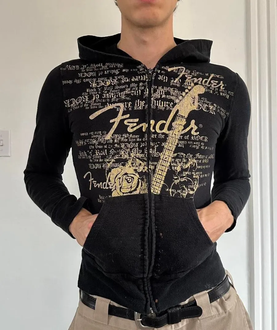 Vintage Y2K 00s Rockstar Grunge Fender Guitar Zip Up Hoodie Sweatshirt Black