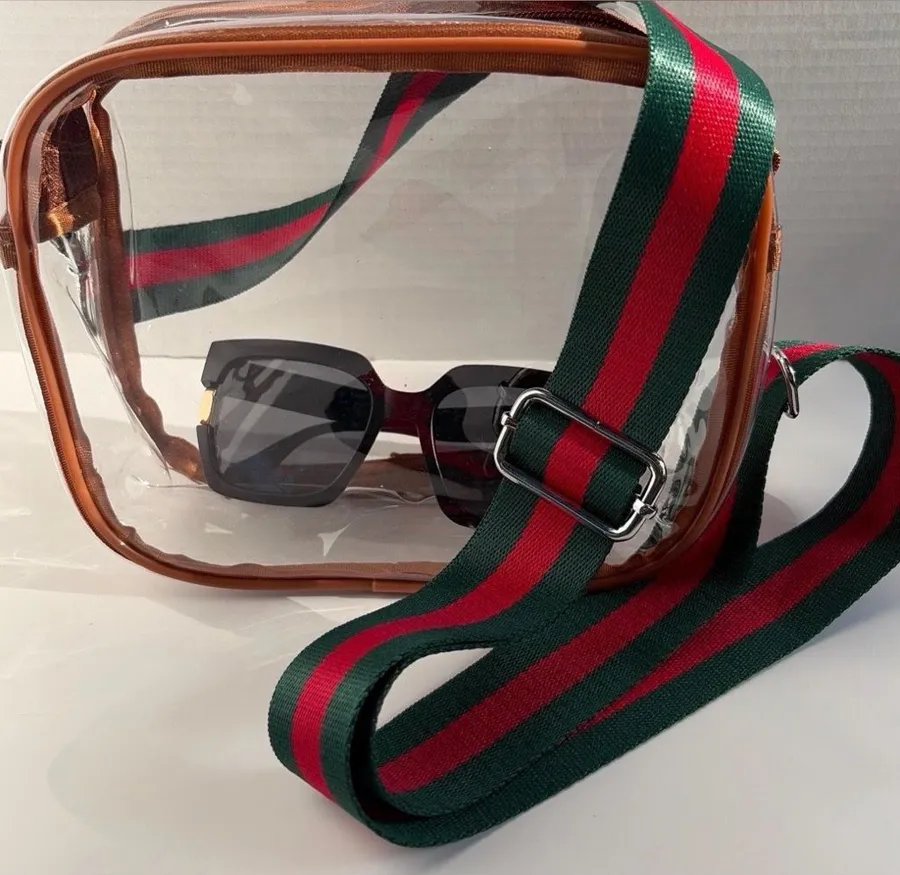 Clear Stadium Bag Brown Trim Green Red Strap | Game Day Crossbody Purse Size OS