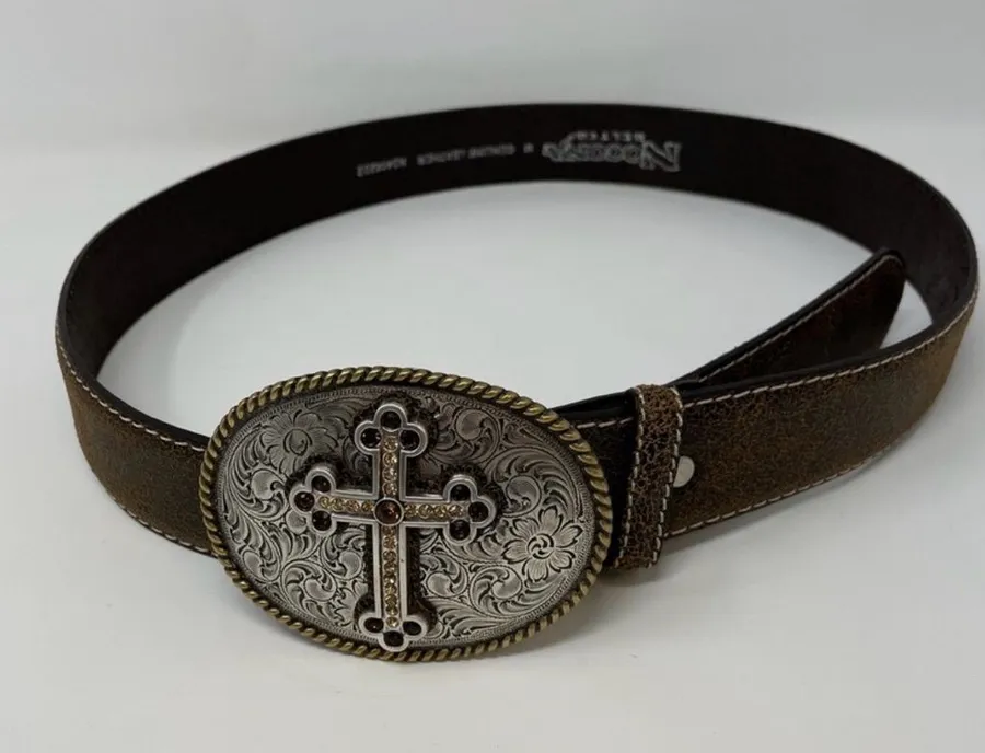 Nocona Brown Leather Belt with Ornate Cross Oval Buckle