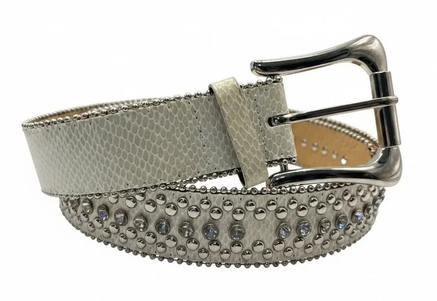 Rhinestone Studded Western Belt Cream Faux Snakeskin M/L Cowgirl Festival Boho Silver