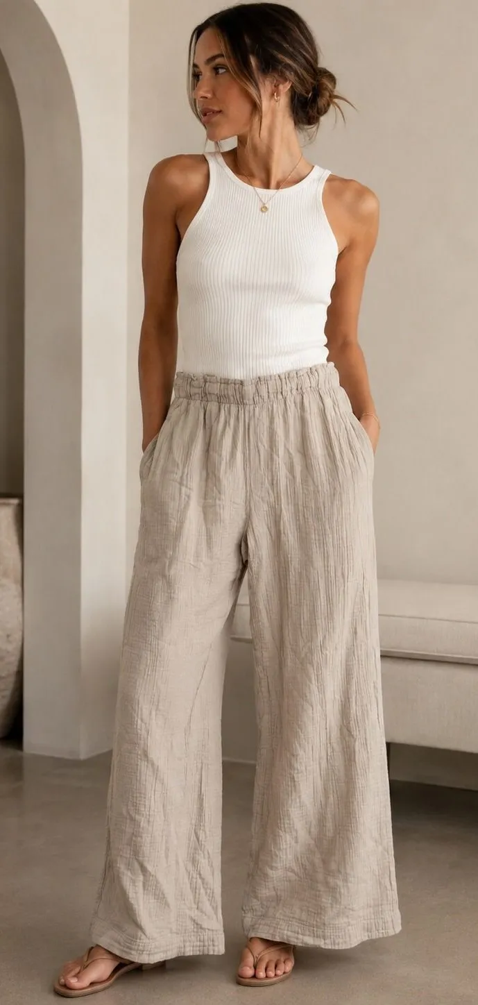Gap M Mid Rise Crinkle Gauze Wide Leg Pants Bedrock Tan Elastic Waist Cotton