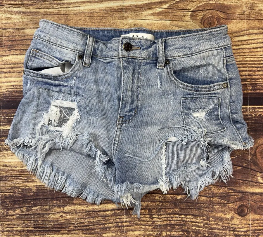 EUNINA Women’s (Size S) Cut Off Blue Jean Shorts Pockets Cotton High Rise