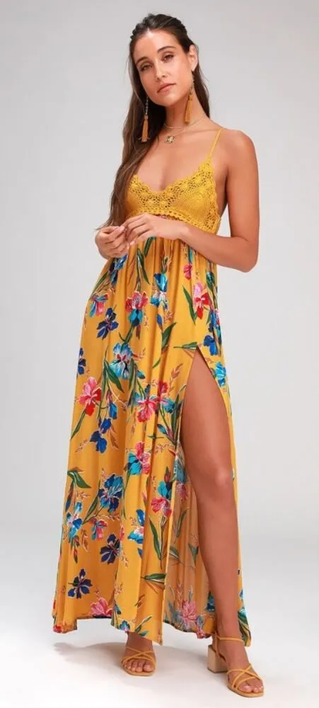 NWT Lulus Laela Mustard Yellow Floral Print Crochet Swim Cover-Up Beachy Size M