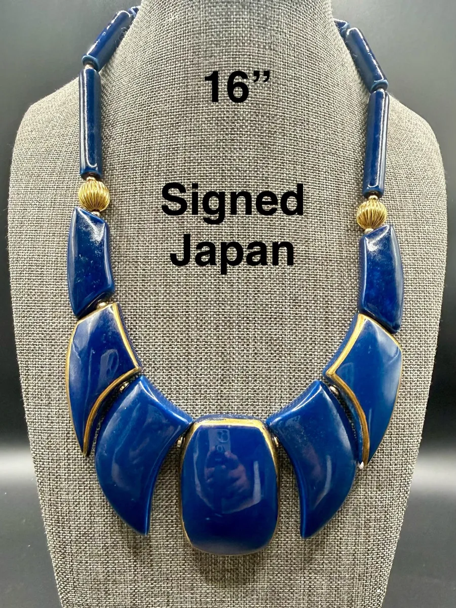 Blue Statement Bib Necklace with Gold Accents