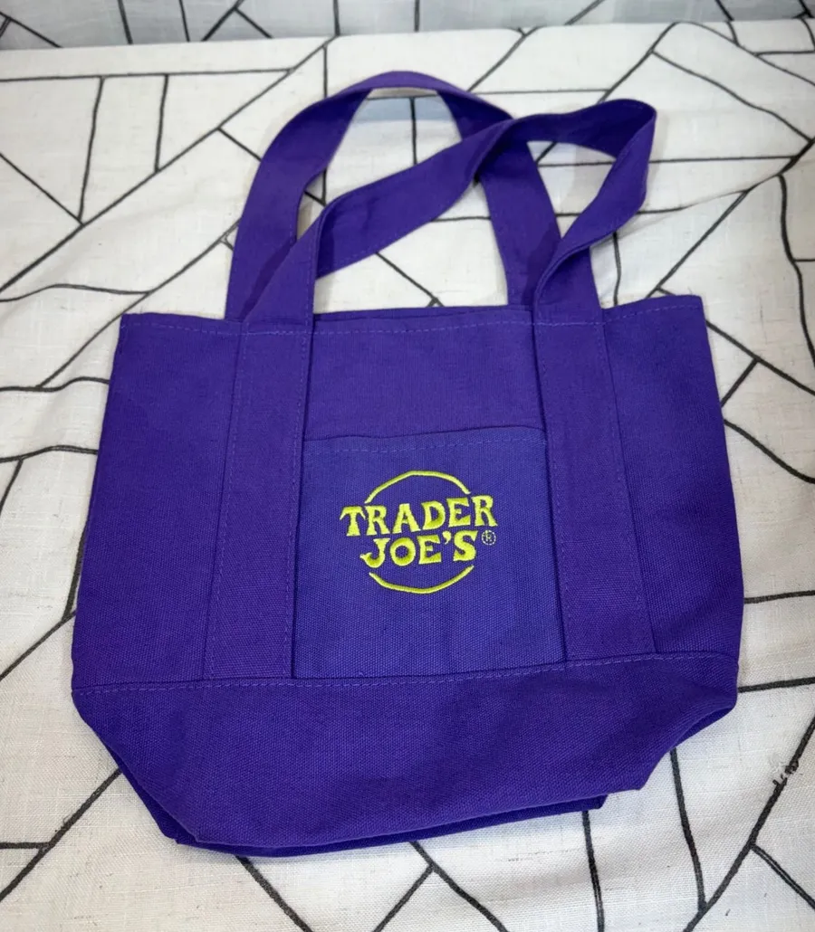 Trader Joe's Mini Canvas Tote Bag Small Purple Embroidered Logo Shopper Purple
