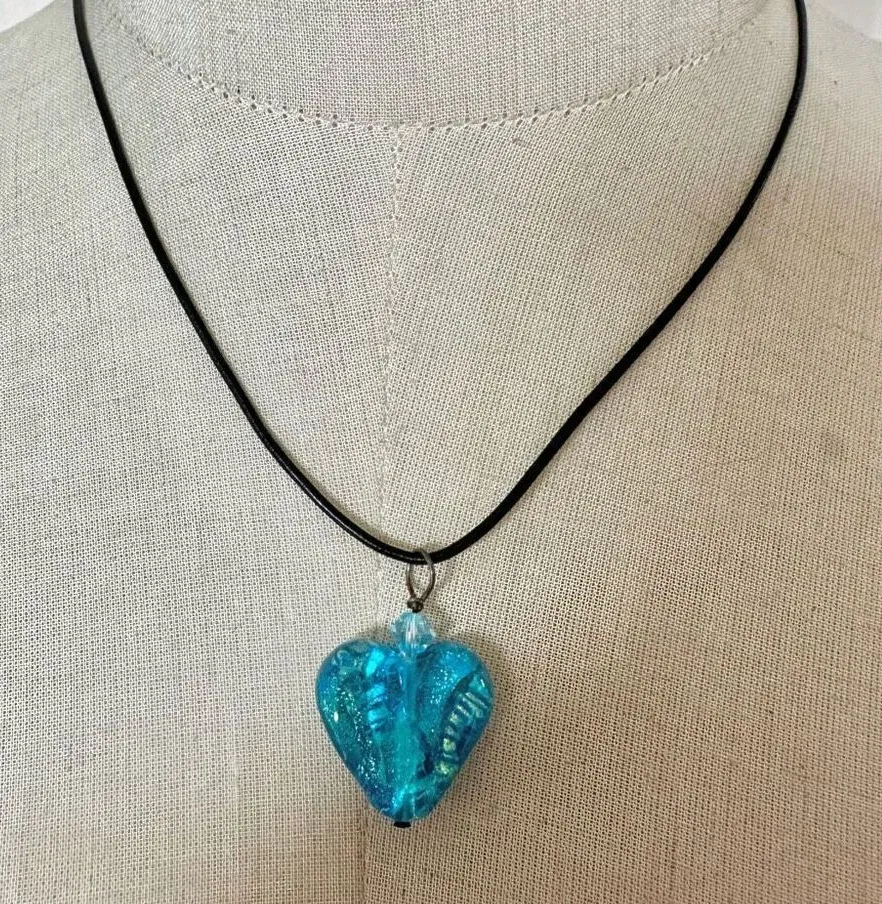 Blue glass heart pendant necklace sterling silver clasp on cord