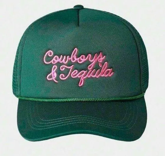 • NEW Cowboys and tequila embroidered green and pink trucker hat
