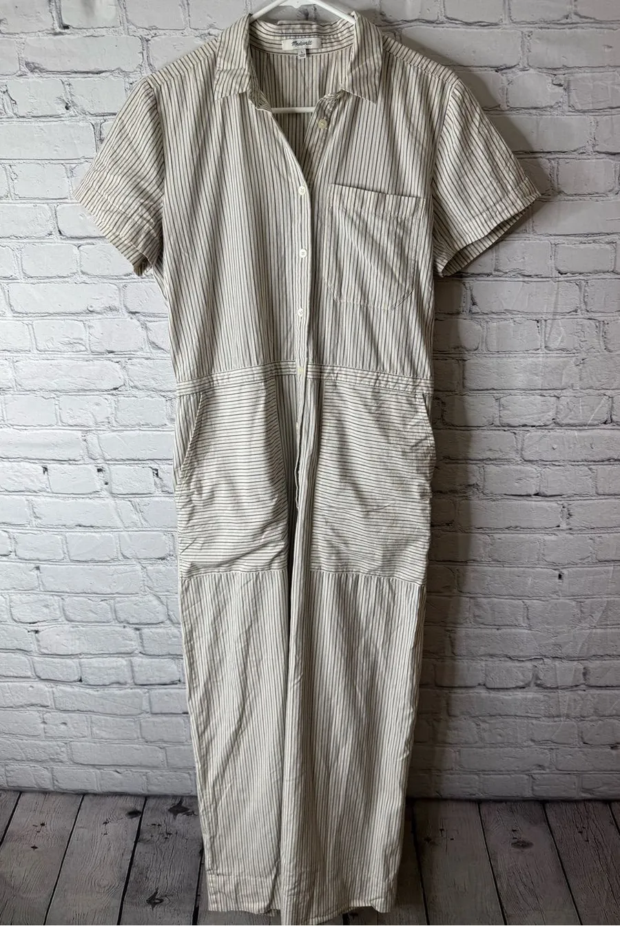 Madewell Cream and Navy Striped Button-Up jumpsuit wide leg size large