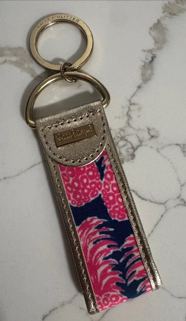 Lilly Pulitzer Pink & Navy Fabric Key Fob with Gold Hardware Accent