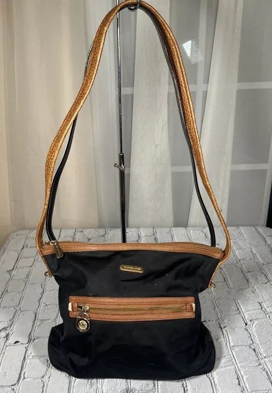 Michael Kors Black Cognac Shoulder Bag With Tan Leather Trim Medium Purse