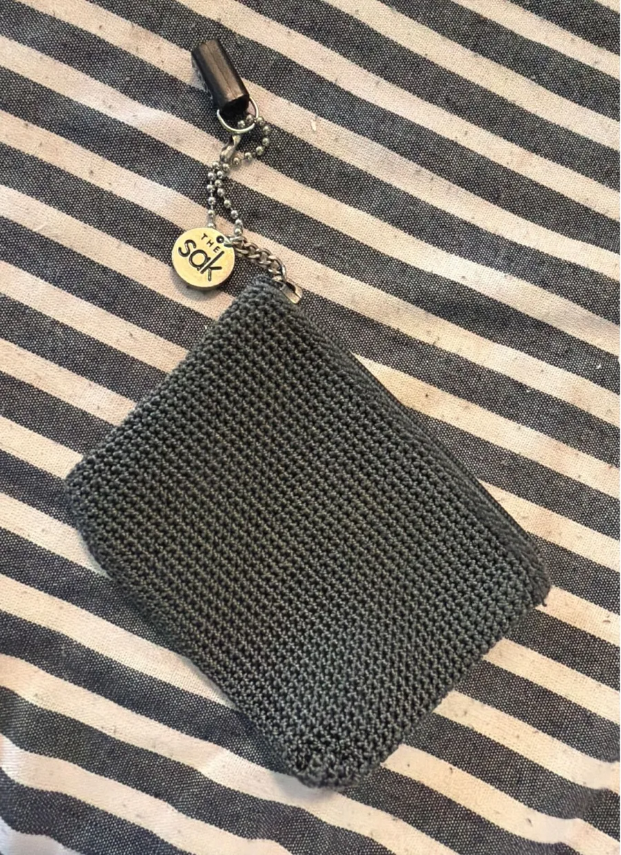 The Sak Charcoal Grey Crochet Coin Purse Zippered Mini Wallet Logo Charm