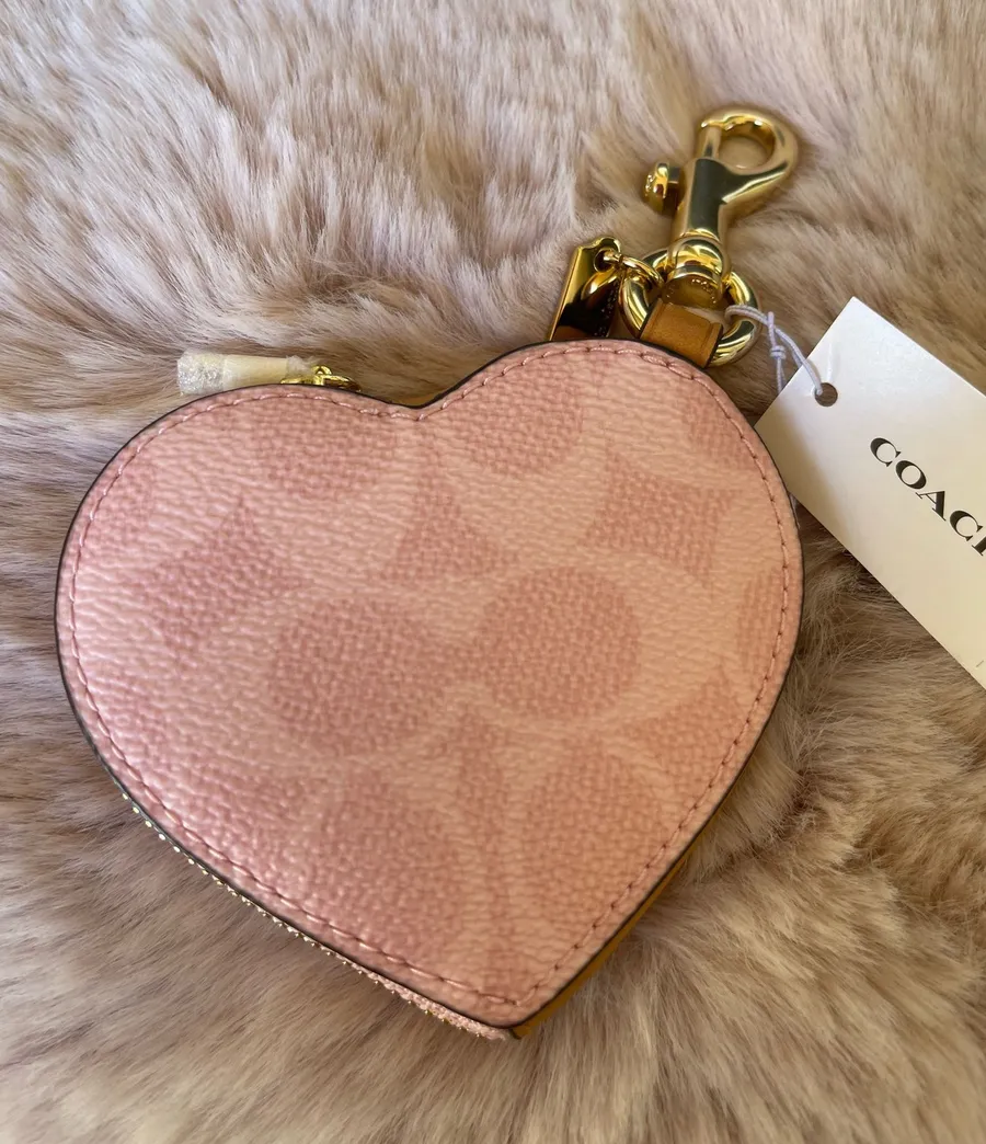 NWT Coach POWDER PINK Heart Bag Charm In Signature Canvas CEA22 Gold/Powder Pink