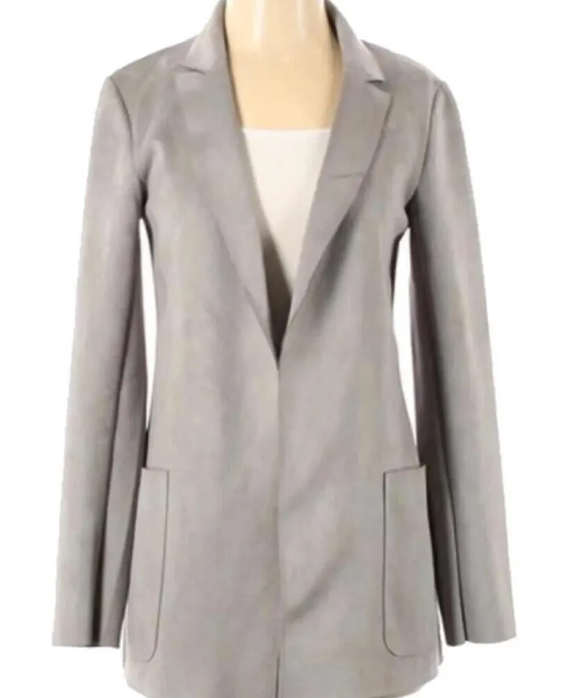 Joan Vass grey faux suede professional business casual blazer with pockets