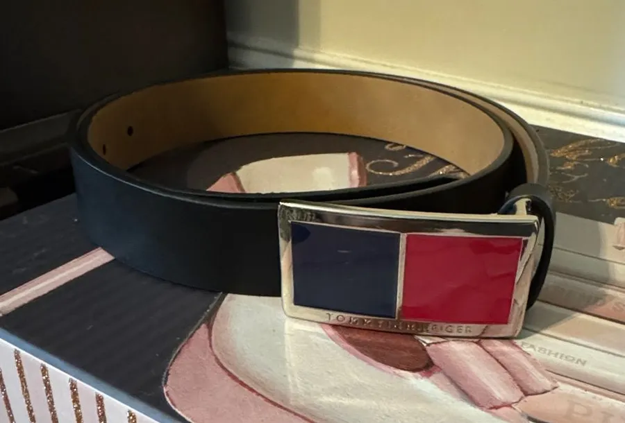 Tommy Hilfiger Black Leather Belt with Red & Blue Enamel Buckle