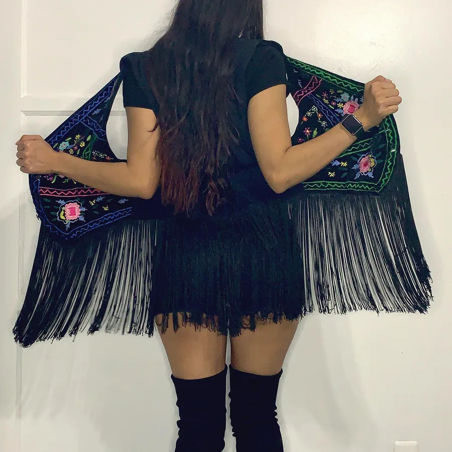 Punch vintage floral embroidered vest with fringe Multi Size M