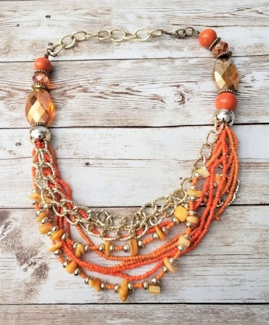 Vintage Necklace Orange & Gold Tone Multi Layer Statement Necklace