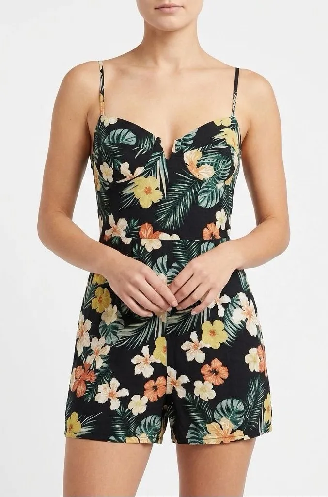 Wild Fable Tropical Floral Bustier Romper Black Hawaiian Vacation
