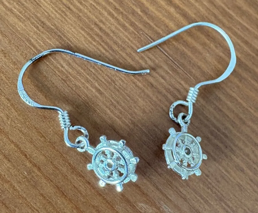 Sterling Silver 925 Mini Nautical Ship Wheel Helm Drop Dangle Earrings