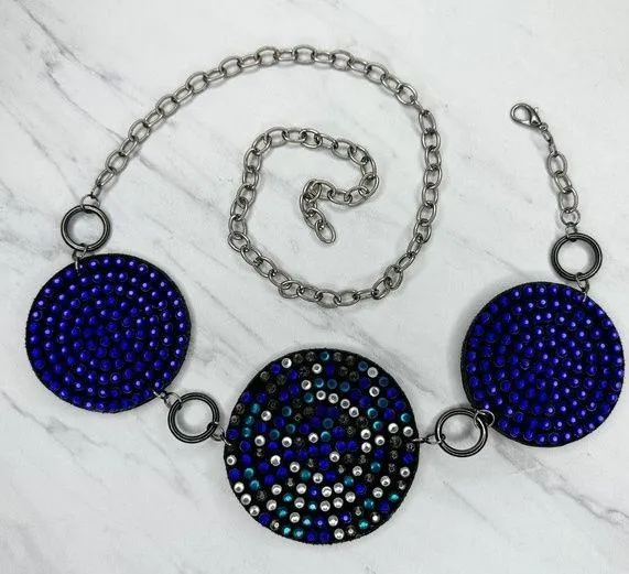 Blue Rhinestone Studded Silver Tone Chain Link Belt OS One Size