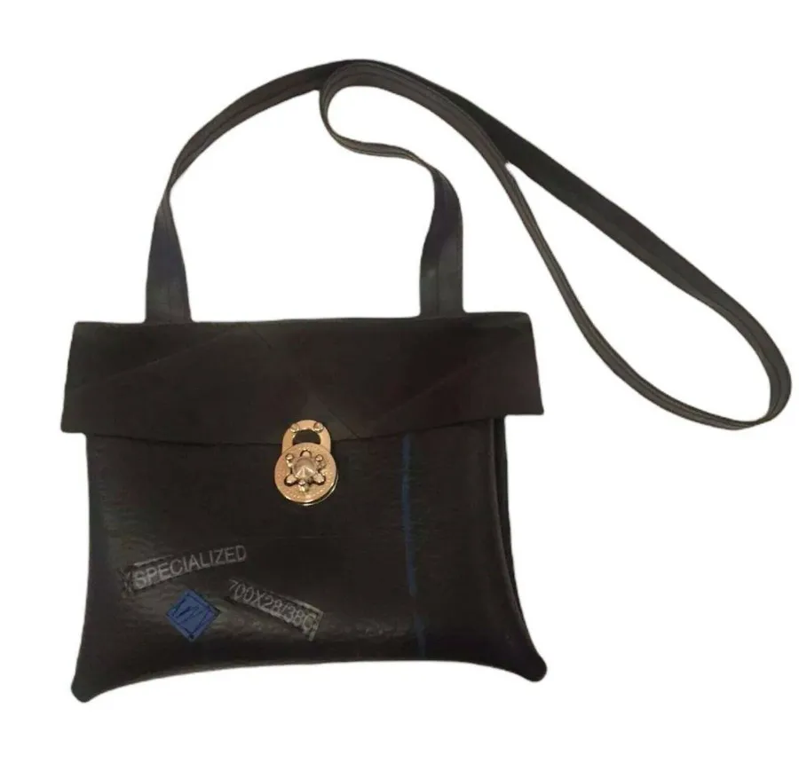 Rubber Crossbody Bag Vault Clasp Flap Black Blue Industrial Unique Purse 10x8.5